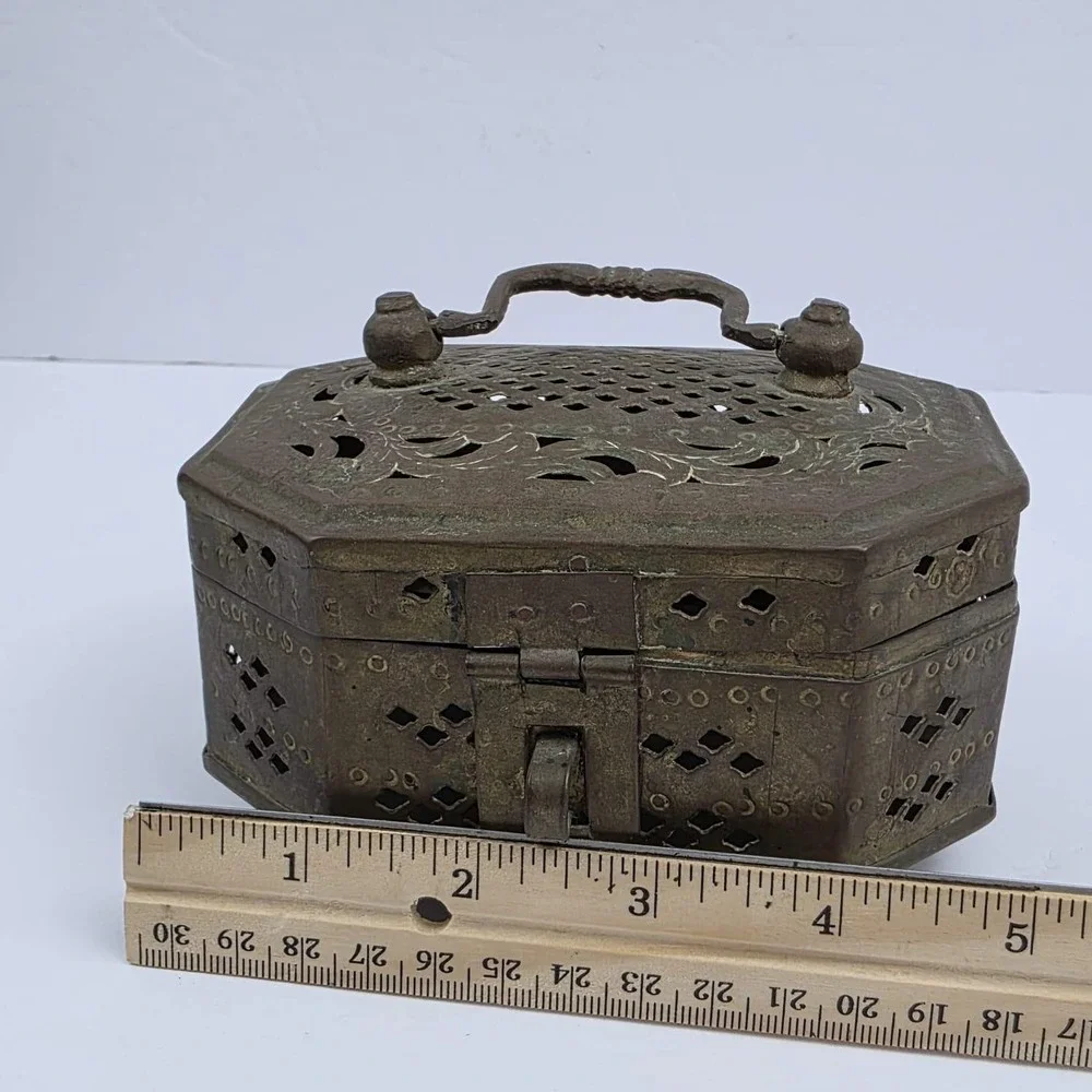Antique Brass Cricket Box Octagon Ornate Pierced Metal Trinket Case